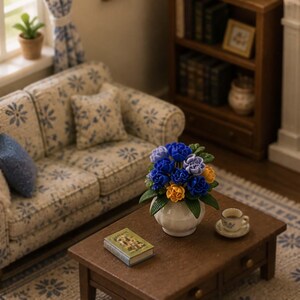 Puede incluir: Escena de sal&oacute;n en miniatura con un sof&aacute; con estampado floral, una alfombra azul y blanca y una mesa de centro de madera. Un jarr&oacute;n blanco contiene flores azules, moradas y amarillas. Un peque&ntilde;o libro y una taza de t&eacute; completan la escena. Una estanter&iacute;a est&aacute; en el fondo.