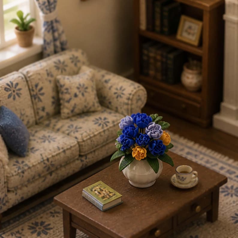 Puede incluir: Escena de sal&oacute;n en miniatura con un sof&aacute; con estampado floral, una alfombra azul y blanca y una mesa de centro de madera. Un jarr&oacute;n blanco contiene flores azules, moradas y amarillas. Un peque&ntilde;o libro y una taza de t&eacute; completan la escena. Una estanter&iacute;a est&aacute; en el fondo.