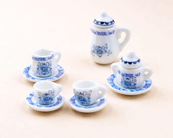 Miniature blue white porcelain tea set, Dollhouse tea set 1:12 scale, Tiny ceramic teapot Cups plates, Fairy garden accessories