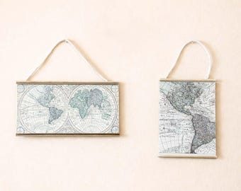 Miniature world map set of 2, Dollhouse 1:12 scale wall decor art set, Tiny map hanging, Travel theme micro decor, Miniature home accessory