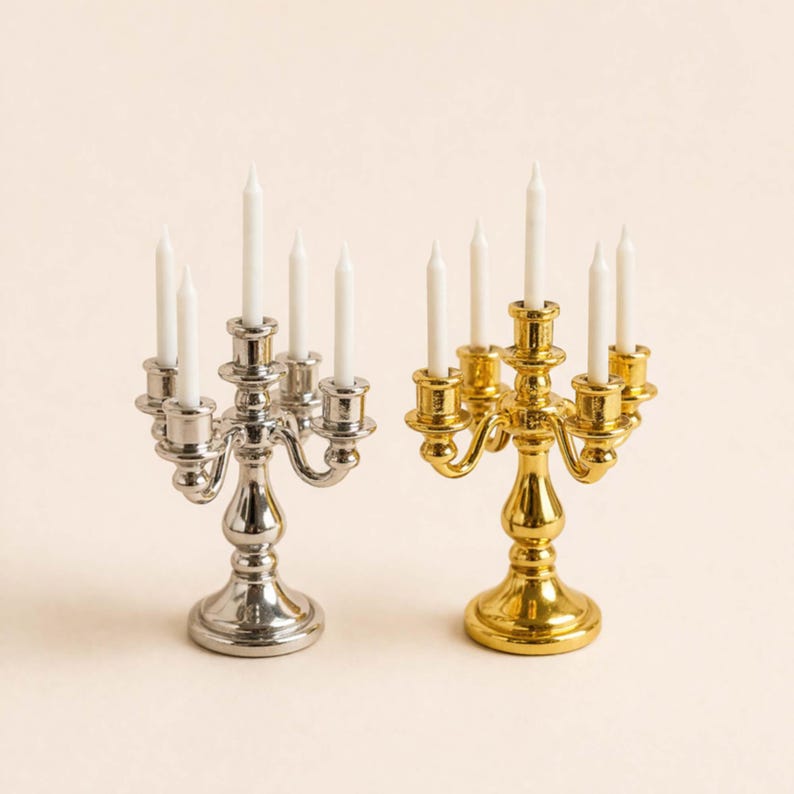 Miniature candelabra, Dollhouse candle holder, Mini vintage decor, Tiny home accessories image 1