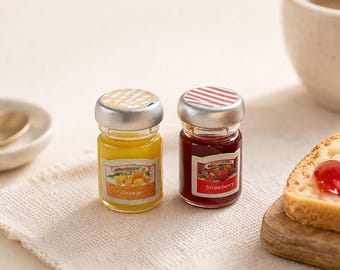 Miniature jam jar set, Dollhouse food accessories, Tiny strawberry orange jam jars, Mini kitchen decor