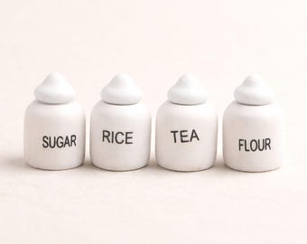 Miniature kitchen jars 1:12 scale dollhouse storage set, Wooden canisters sugar rice tea flour, Mini kitchen decor, Dollhouse accessories