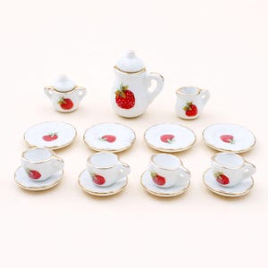 Miniature strawberry tea set, Dollhouse teacups and coffee Pot, Cute tiny porcelain set, 1:12 scale mini kitchen decor