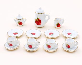 Miniature strawberry tea set, Dollhouse teacups and coffee Pot, Cute tiny porcelain set, 1:12 scale mini kitchen decor