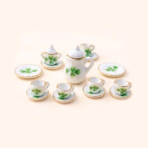Miniature Tea Set, Dollhouse Porcelain Teacups Set, Tiny Coffee Pot with Shamrock Design, 1:12 Scale Mini Tea Service, Mini Kitchen Decor