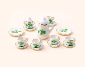 Miniature Tea Set, Dollhouse Porcelain Teacups Set, Tiny Coffee Pot with Shamrock Design, 1:12 Scale Mini Tea Service, Mini Kitchen Decor