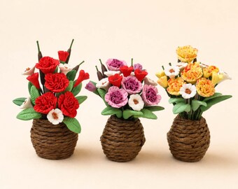 Miniature Flower Bouquet, 1:12 Dollhouse Flowers Decor, Fairy Garden Mini Plants, Tiny Floral Arrangement, Desk Decor Gift