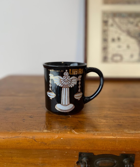 Vintage Libra Zodiac Mug: Black & Gold Starsign Coffee Cup