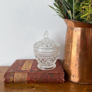 Glass Vanity Jar, Vintage Pressed Glass Trinket Jar with Lid, Decorative Glass Jar, Vintage Bathroom Jar
