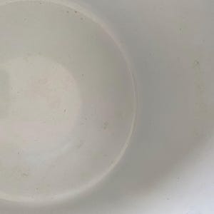 May include: A close-up shot of the interior of a white bowl. The bowl has a smooth, slightly reflective surface with subtle variations in tone. Small dark specks are scattered across the interior.