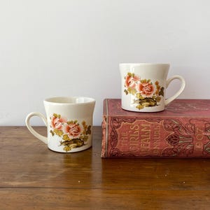 May include: Two white ceramic mugs with a floral design featuring pink flowers and brown leaves. The mugs are sitting on top of a red book with gold lettering.