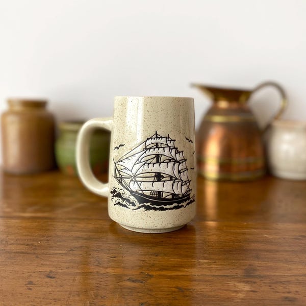 Large Speckled Ceramic Ship Mug, Vintage Nautical Mug, Made in Japan