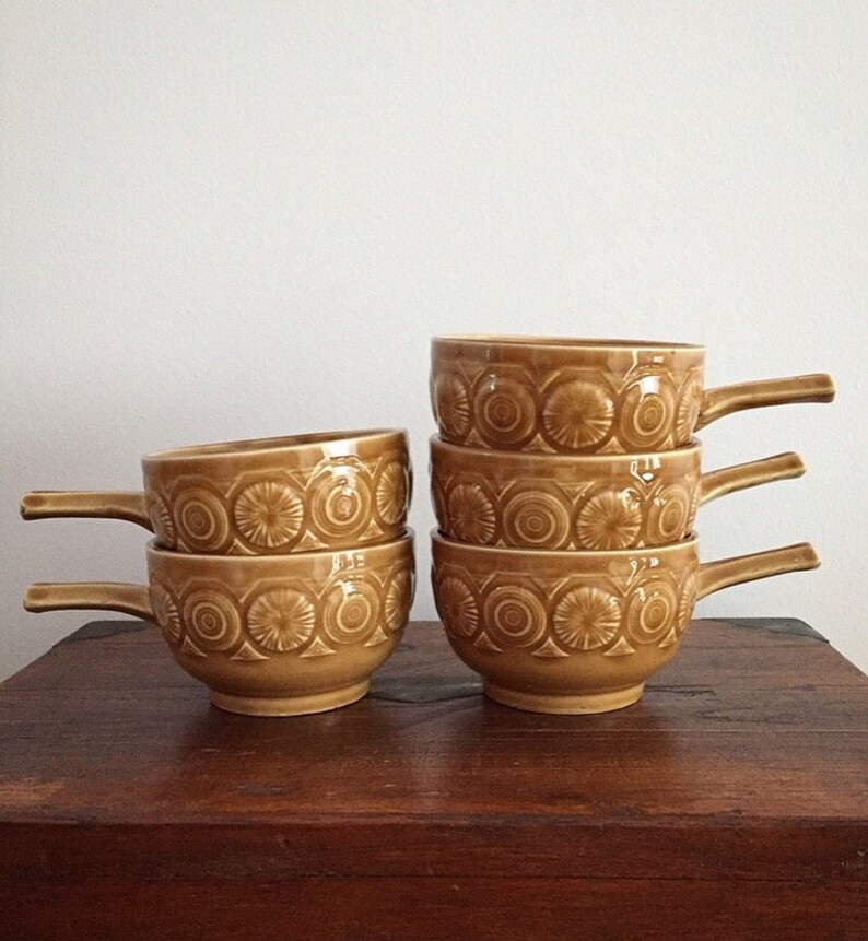 Set of 5 Vintage Retro Tams England Mustard Soup Bowls with Handles