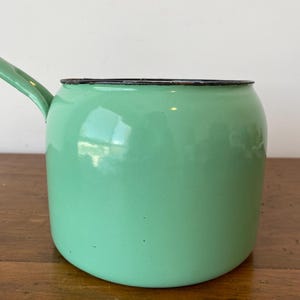May include: A mint green enamel saucepan with a long handle. The pot has a rounded body and a black rim. The handle is also mint green. The saucepan is sitting on a wooden surface.