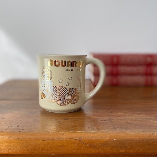 Vintage Aquarius Mug: Gold Star Sign Coffee Cup, Made in Japan