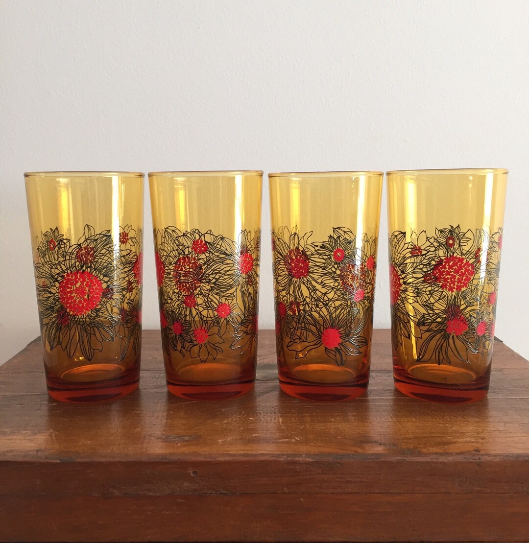 Set of 4 Vintage Retro Amber Glass Drinking Glasses Highballs With