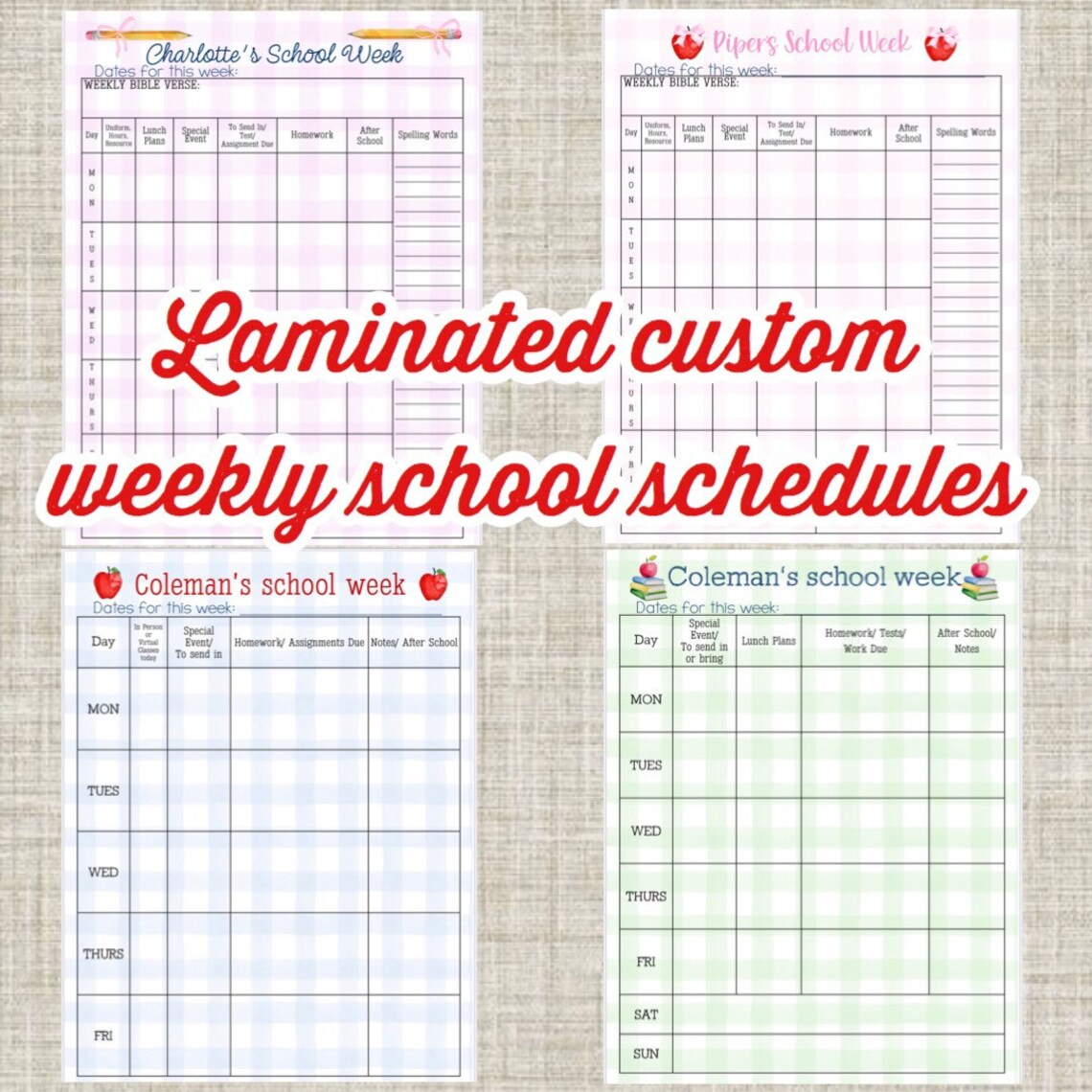 Laminated weekly school schedule for kids Etsy