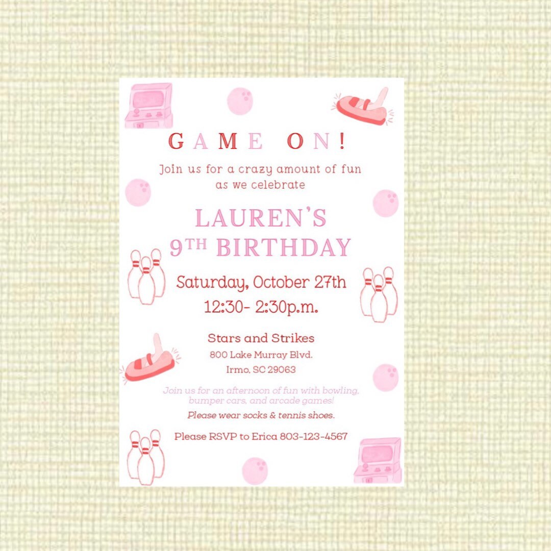 Bowling, Bumper Cars, Laser Tag & Arcade Birthday Party Invitation Pink