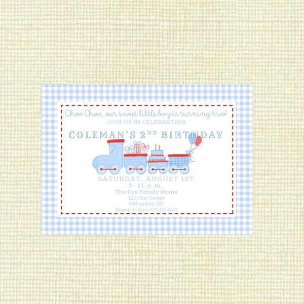 Choo choo two birthday party invitation - red and blue