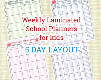 Weekly laminated school planners for kids- 5 day school week layout