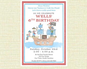 Pirate  birthday party invitation - blue red black stripe back