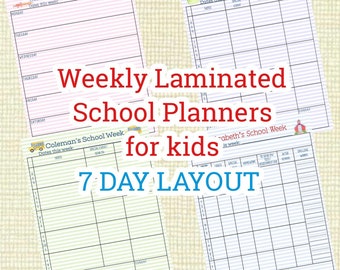Weekly laminated school planners for kids- 7 day full week layout