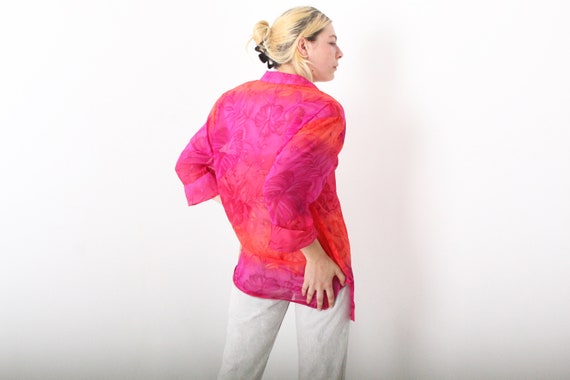 80s Pink and Orange Vibrant HIBISCUS Floral SHEER