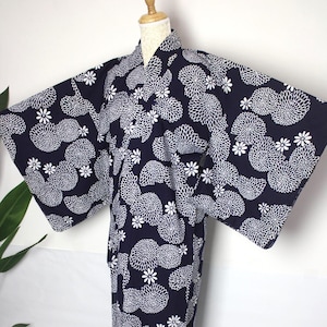 Japanese Yukata Summer Kimono Cotton Blue Flower Chrysanthemum Kiku Motif Pattern Bon Odori Matsuri Festival vintage UKT03052507