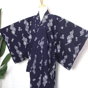 Japanese Yukata Summer Kimono Cotton Blue Color Flower Floral Abstract Geometric Pattern Bon Odori Matsuri Festival vintage UKT02062513