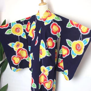 Japanese Yukata Summer Kimono Blue Color Flower Floral Abstract Geometric Pattern Bon Odori Matsuri Festival vintage UK03082505