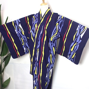 Japanese Yukata Summer Kimono Cotton Blue Color Abstract Nature-Inspired Stripe Geometric Bon Odori Matsuri Festival vintage UKT20072511