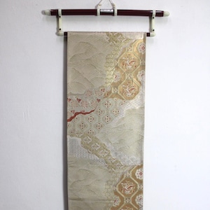Vintage Kimono Obi Belt Fukuro-Obi Silk Houou Kikko Flowers Nami Sea Waves Gold Silver JOBI26042507