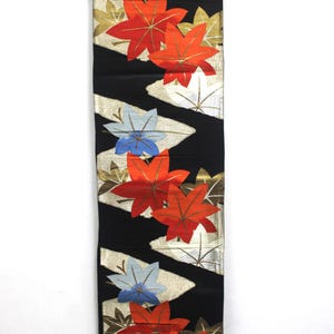 Vintage Silk Kimono Obi Belt &#39;Fukuro-Obi&#39; Black Embroidered Flower JOBI16022512