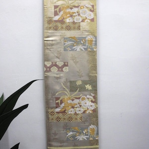 Vintage Silk Kimono Obi Belt &#39;Fukuro-Obi&#39; Gold Silver Embroidered Floral Geometric JOBI17042506