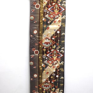 Vintage Silk Kimono Obi Belt &#39;Fukuro-Obi&#39; Multicolor Embroidered Flower Crane JOBI16022504
