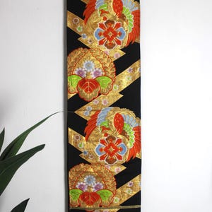vintage Silk Kimono Obi Belt &#39;Fukuro-Obi&#39; Gold Black Embroidered Floral Kiku  JOBI17042512