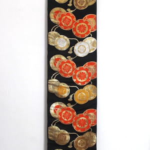 Vintage Silk Girls Kimono Obi Belt  Fukuro-Obi Black Gold Embroidered Floral JOBI18042515