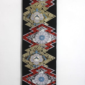 Vintage Silk Kimono Obi Belt  Fukuro-Obi Black Gold Flower Multicolor JOBI18042507