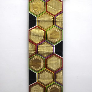 Vintage Silk Kimono Obi Belt &#39;Fukuro-Obi&#39; Black Gold Embroidered Geometric JOBI02032501