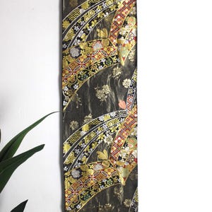 vintage Silk Kimono Obi Belt &#39;Fukuro-Obi&#39; Gold Black Embroidered Floral Geometric JOBI17042509
