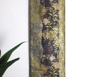 Y125 ヴィンテージ シルク 着物帯 袋帯 金ラメ加工 斜め縞 桜 辻ヶ花