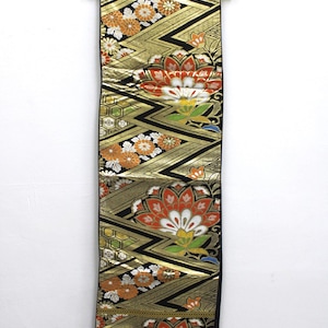 Vintage Silk Kimono Obi Belt &#39;Fukuro-Obi&#39; Black Gold Embroidered Floral Geometric JOBI02032504
