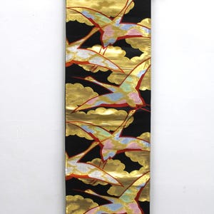 Vintage Silk Kimono Obi Belt &#39;Fukuro-Obi&#39; Black Gold Embroidered Cranes JOBI02032502