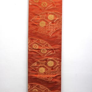 Vintage Silk Kimono Obi Belt  Fukuro-Obi Gold Orange Embroidered Floral Floral Reversible JOBI18042506