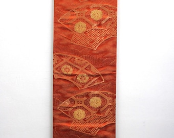 アンティークお買い得❗着物帯(袋帯) Y376 ヴィンテージ シルク 着物 帯 袋帯 金刺繍 / 鳳凰 丸花 幾何学