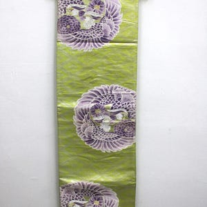 Vintage Silk Kimono Obi Belt &#39;Fukuro-Obi&#39; Green Purple Embroidered Flower Chrysanthemum Kiku JOBI16022505