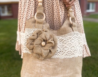 Handmade Burlap Shoulder Bag Eco Friendly Fashion Bag with Lace Accents Vintage Boho Chic Purse Rustic Upcycled Burlap and Lace Tote Etsy
