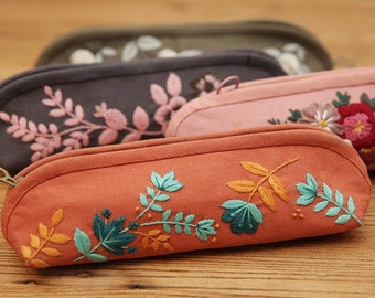 Hand Embroidery Kit Floral Pencil Case, Zip Pencil Pouch Embroidery Pattern, Embroidered Messenger Bag, Make Up Bag, Travel Pencil Case