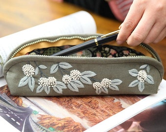 Embroidery Pencil Case Kit, Embroidered Pen Case, Cosmetic Bag, Wash Bag, Stationery Organizer, Floral Embroidered Pencil bag-Diy Item